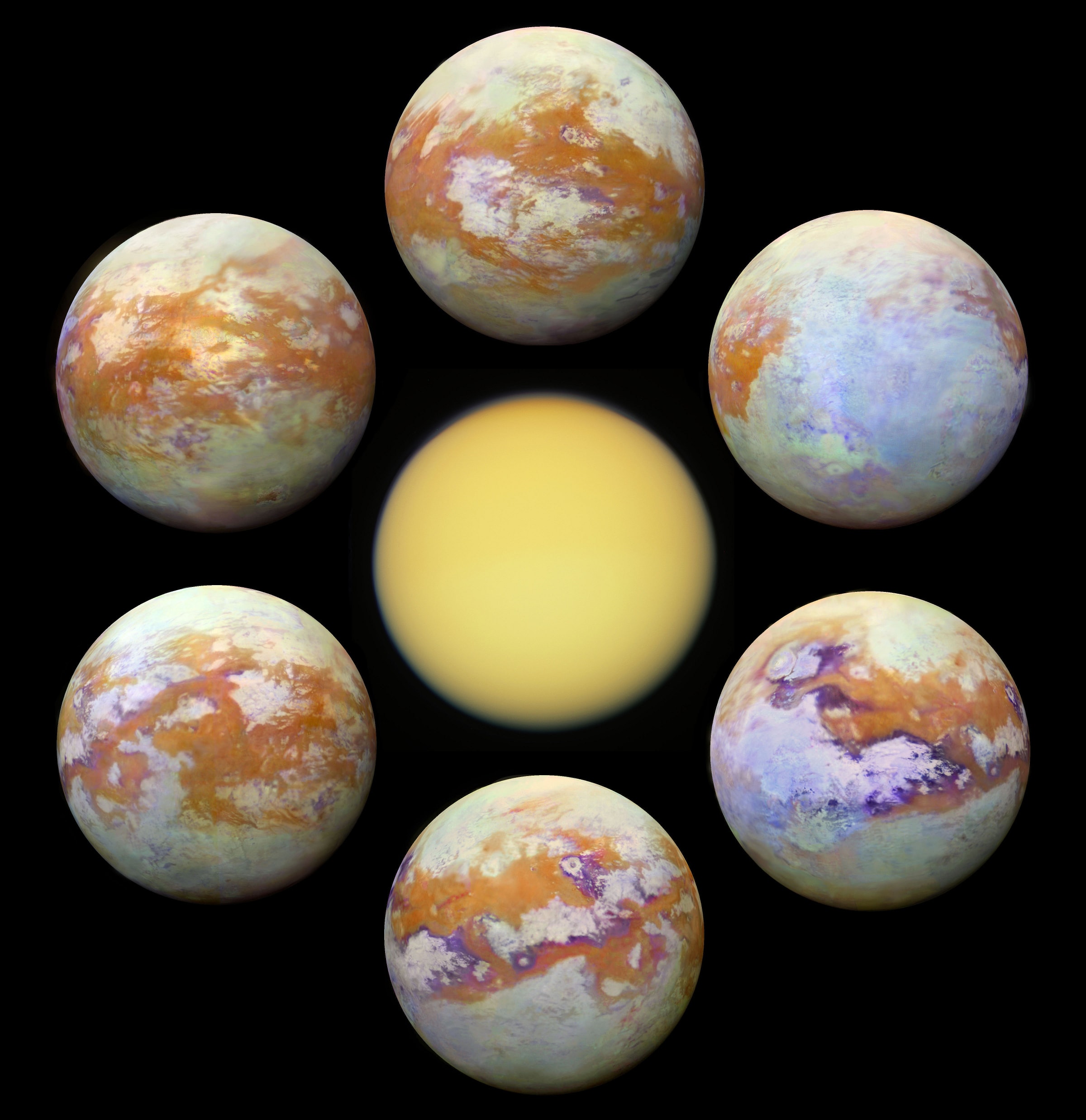 Shrouded in a thick atmosphere, Saturn's largest moon Titan really is hard to see. Small particles suspended in the upper atmosphere cause an almost impenetrable haze, strongly scattering light at visible wavelengths and hiding Titan's surface features from prying eyes. But Titan's surface is better imaged at infrared wavelengths where scattering is weaker and atmospheric absorption is reduced. Arrayed around this visible light image (center) of Titan are some of the clearest global infrared views of the tantalizing moon so far. In false color, the six panels present a consistent processing of 13 years of infrared image data from the Visual and Infrared Mapping Spectrometer (VIMS) on board the Cassini spacecraft orbiting Saturn from 2004 to 2017. They offer a stunning comparison with Cassini's visible light view. NASA's revolutionary rotorcraft mission to Titan is due to launch in 2027.