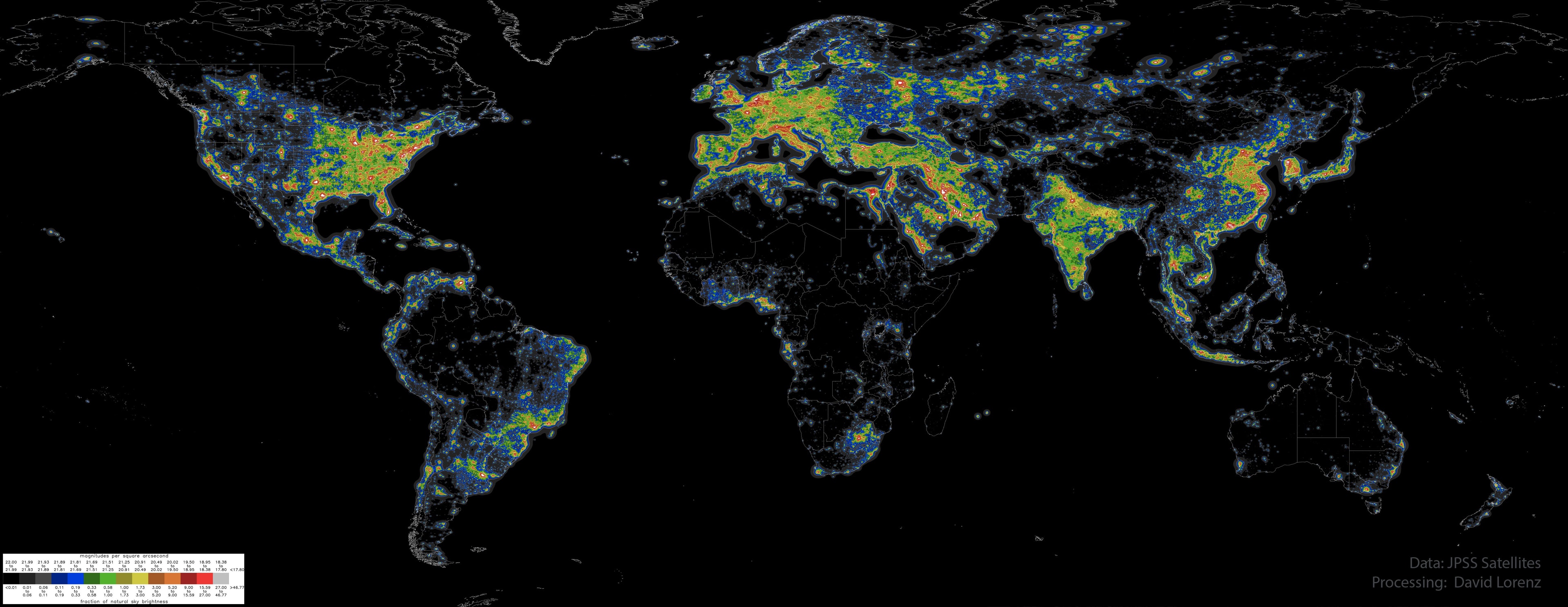 Where have all the dim stars gone? From many places on the Earth including major cities, the night sky has been reduced from a fascinating display of thousands of stars to a diffuse glow through which only a few stars are visible. The featured map indicates the relative amount of light pollution that occurs across the Earth. The cause of the pollution is artificial light reflecting off molecules and aerosols in the atmosphere. Parts of the Eastern United States and Western Europe colored red, for example, have an artificial night sky glow over ten times that of the natural sky. In any area marked orange or red, the central band of our Milky Way Galaxy is no longer visible. The International Dark Sky Association suggests common types of fixtures that provide relatively little amounts of light pollution. Light Up Your Internal Night Sky: Random APOD Generator