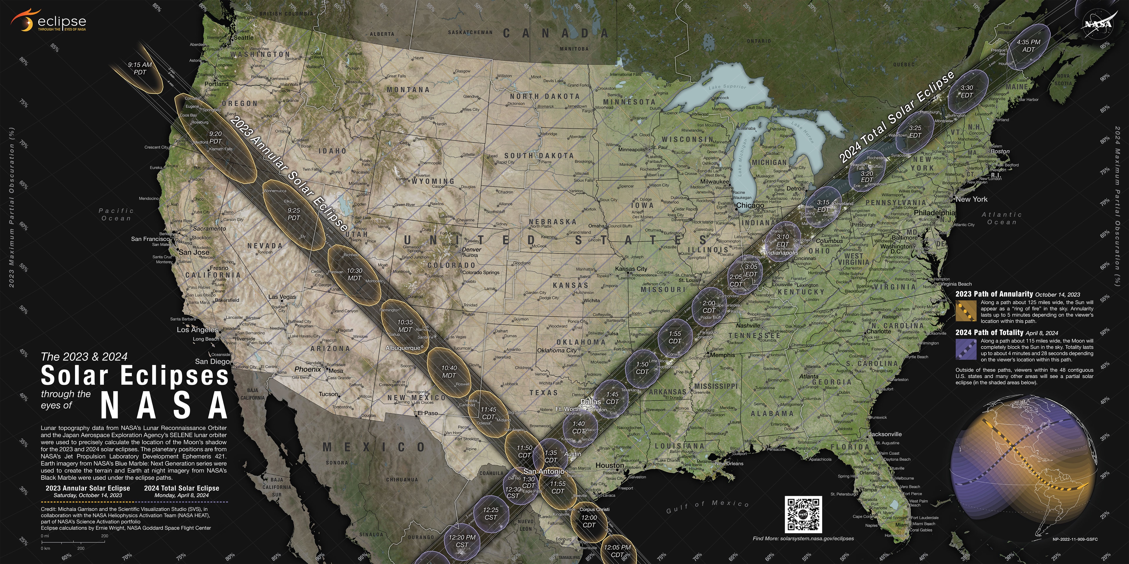 Would you like to see a total eclipse of the Sun? If so, do any friends or relatives live near the path of next April's eclipse? If yes again, then you might want to arrange a well-timed visit. Next April 8, the path of a total solar eclipse will cross North America from western Mexico to eastern Canada, entering the USA in southern Texas and exiting in northern Maine. All of North America will experience the least a partial solar eclipse. Featured here is a map of the path of totality. Many people who have seen a total solar eclipse tell stories about it for the rest of their lives. As a warmup, an annular solar eclipse will be visible later this year -- in mid-October.