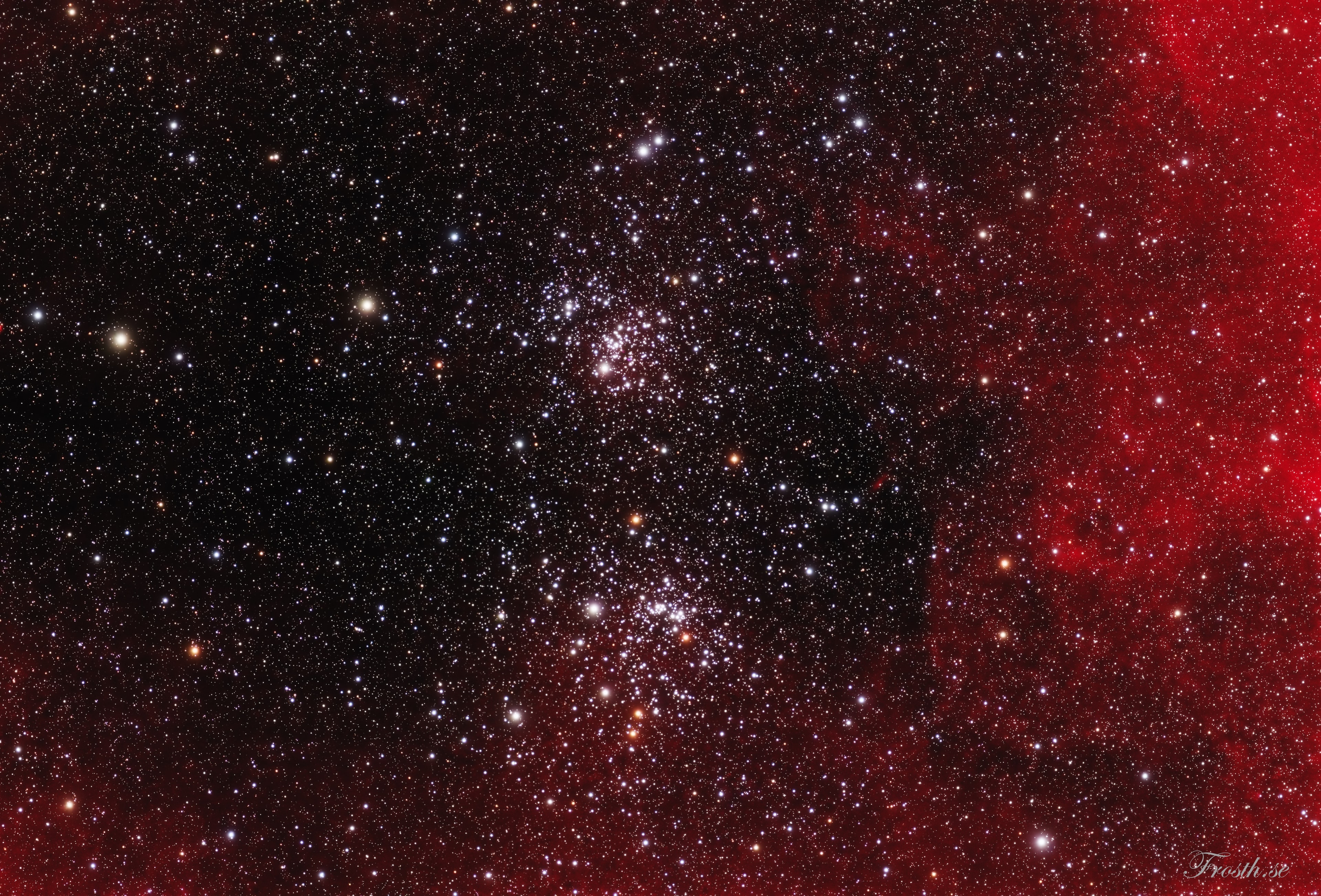 This pretty starfield spans about three full moons (1.5 degrees) across the heroic northern constellation of Perseus. It holds the famous pair of open star clusters, h and Chi Persei. Also cataloged as NGC 869 (top) and NGC 884, both clusters are about 7,000 light-years away and contain stars much younger and hotter than the Sun. Separated by only a few hundred light-years, the clusters are both 13 million years young based on the ages of their individual stars, evidence that they were likely a product of the same star-forming region. Always a rewarding sight in binoculars, the Double Cluster is even visible to the unaided eye from dark locations.