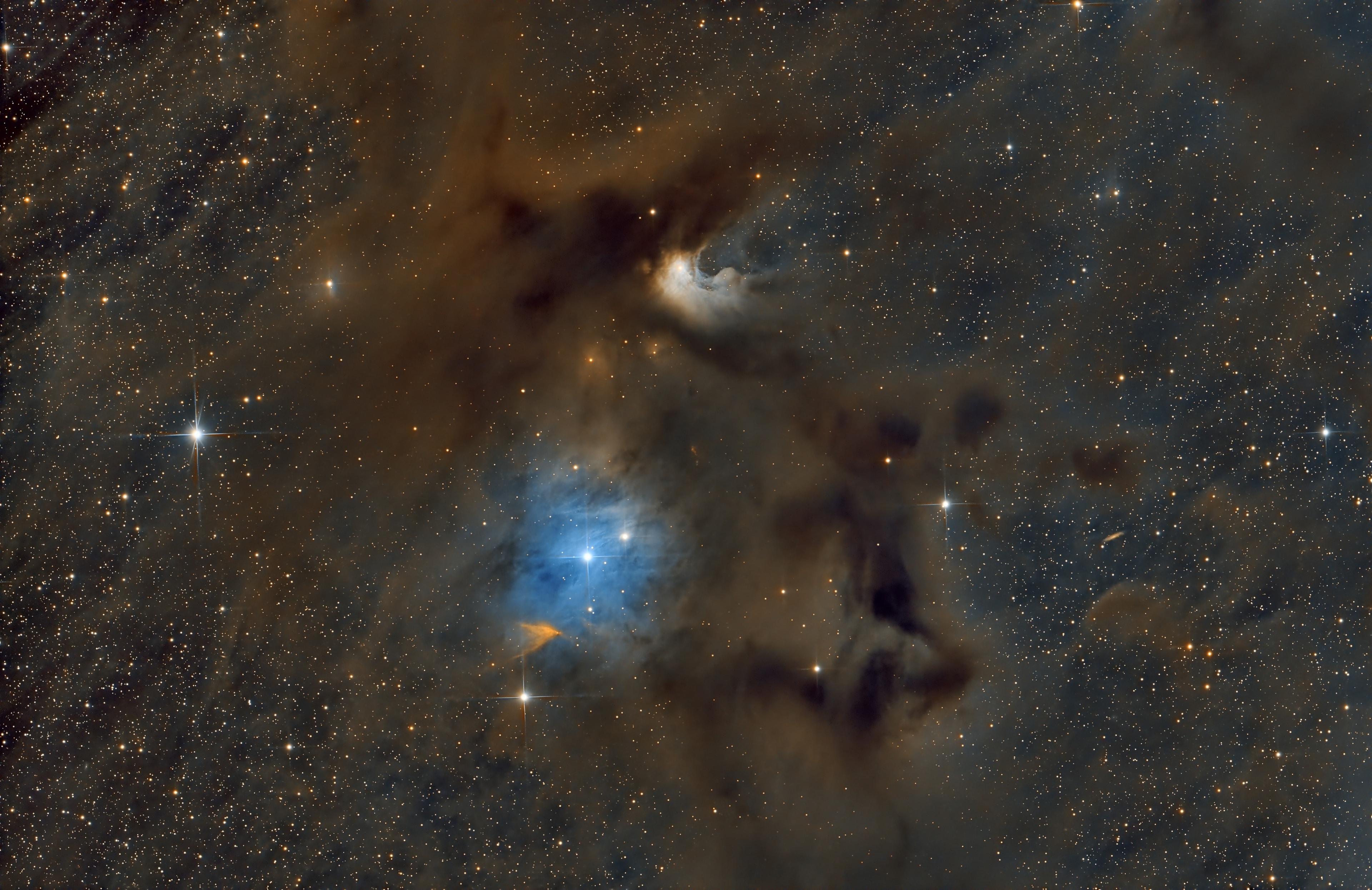 Dark markings and bright nebulae in this telescopic southern sky view are telltale signs of young stars and active star formation. They lie a mere 650 light-years away, at the boundary of the local bubble and the Chamaeleon molecular cloud complex. Regions with young stars identified as dusty reflection nebulae from the 1946 Cederblad catalog include the C-shaped Ced 110 just above and right of center, and bluish Ced 111 below it. Also a standout in the frame, the orange tinted V-shape of the Chamaeleon Infrared Nebula (Cha IRN) was carved by material streaming from a newly formed low-mass star. The well-composed image spans 1.5 degrees. That's about 17 light-years at the estimated distance of the nearby Chamaeleon I molecular cloud.
