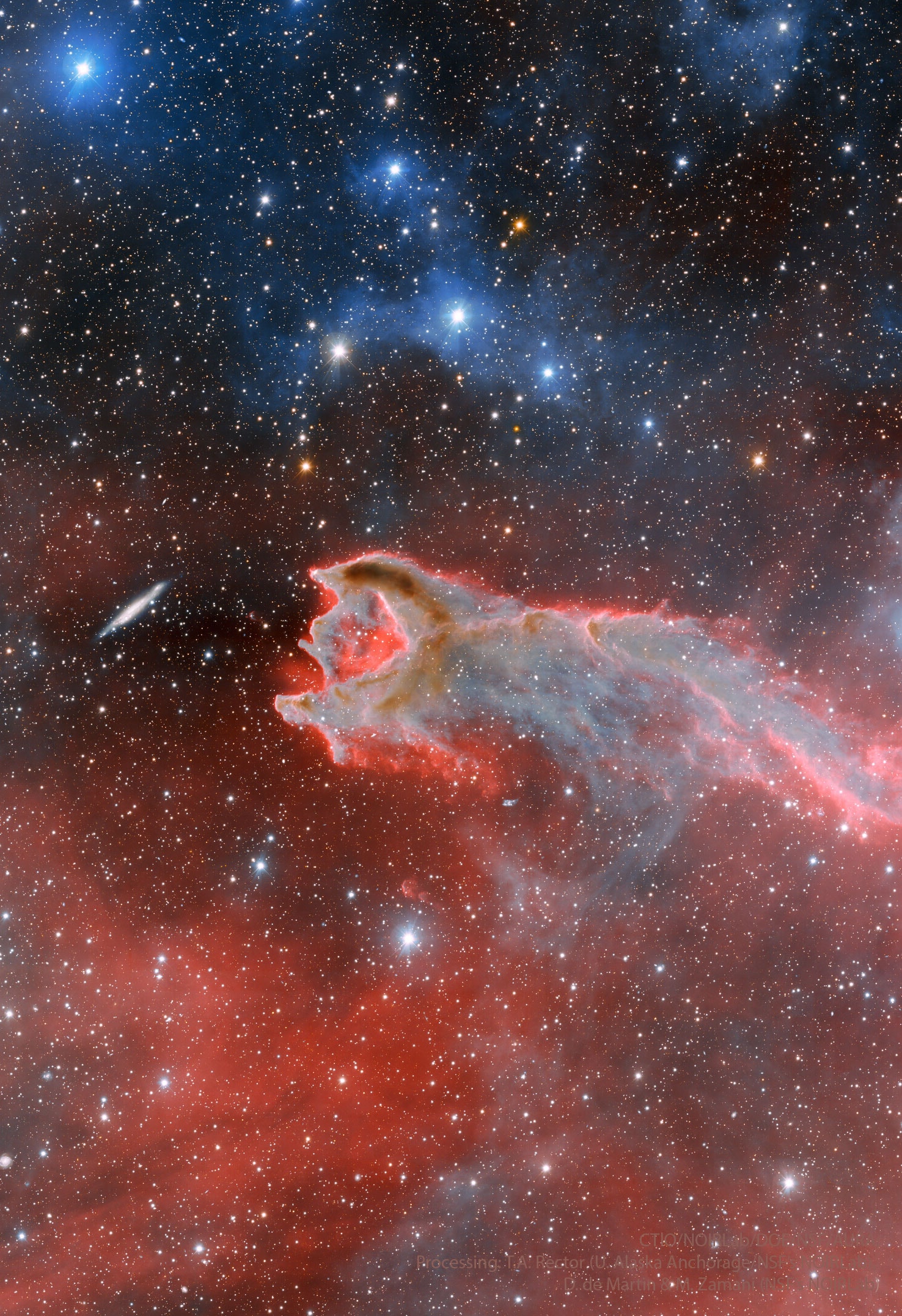 Can a gas cloud eat a galaxy? It's not even close. The "claw" of this odd looking "creature" in the featured photo is a gas cloud known as a cometary globule. This globule, however, has ruptured. Cometary globules are typically characterized by dusty heads and elongated tails. These features cause cometary globules to have visual similarities to comets, but in reality they are very much different. Globules are frequently the birthplaces of stars, and many show very young stars in their heads. The reason for the rupture in the head of this object is not yet known. The galaxy to the left of the globule is huge, very far in the distance, and only placed near CG4 by chance superposition.