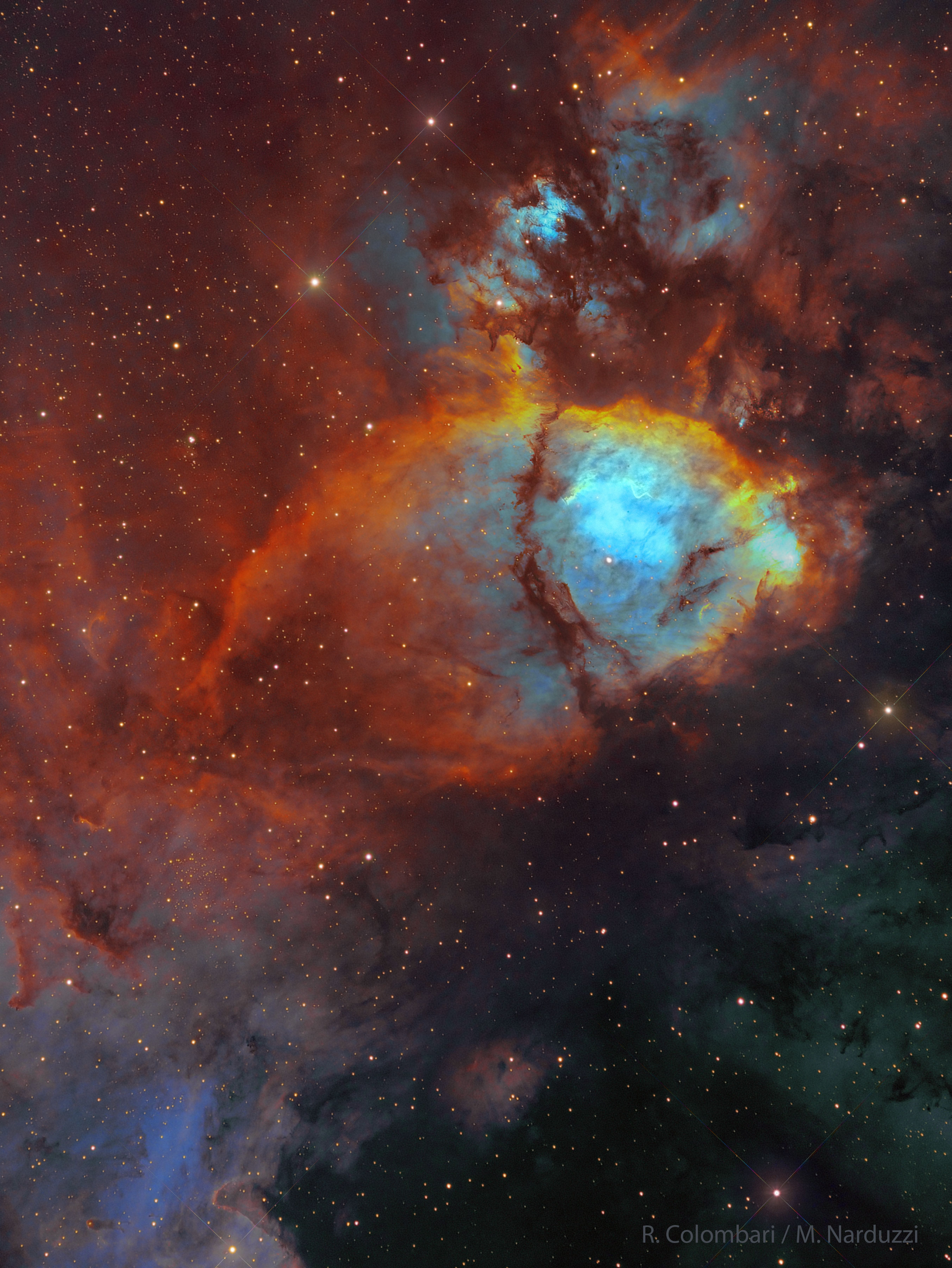 To some, this nebula looks like the head of a fish. However, this colorful cosmic portrait really features glowing gas and obscuring dust clouds in IC 1795, a star forming region in the northern constellation Cassiopeia. The nebula's colors were created by adopting the Hubble color palette for mapping narrowband emissions from oxygen, hydrogen, and sulfur atoms to blue, green and red colors, and further blending the data with images of the region recorded through broadband filters. Not far on the sky from the famous Double Star Cluster in Perseus, IC 1795 is itself located next to IC 1805, the Heart Nebula, as part of a complex of star forming regions that lie at the edge of a large molecular cloud. Located just over 6,000 light-years away, the larger star forming complex sprawls along the Perseus spiral arm of our Milky Way Galaxy. At that distance, IC 1795 would span about 70 light-years across. Open Science: Browse 3,300+ codes in the Astrophysics Source Code Library