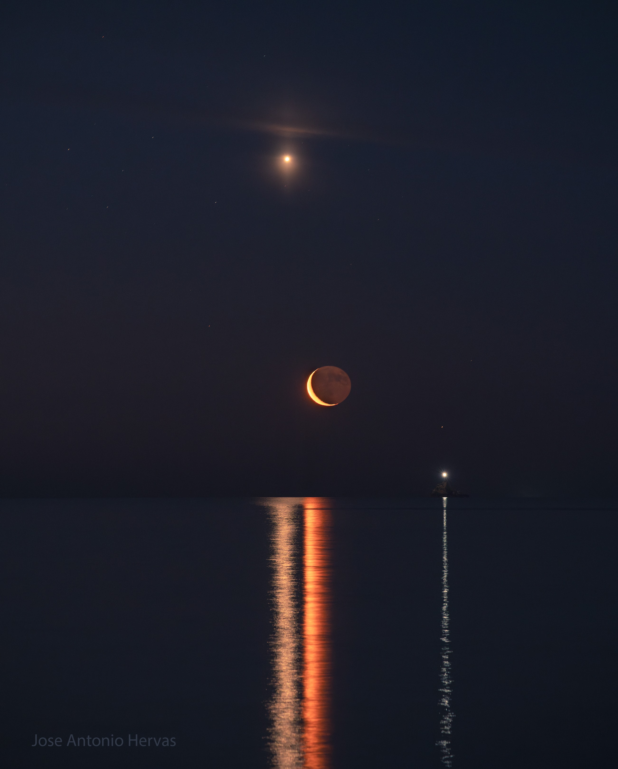 What’s causing those lines? Objects in the sky sometimes appear reflected as lines across water — but why? If the water’s surface is smooth, then reflected objects would appear similarly -- as spots. But if the water is choppy, then there are many places where light from the object can reflect off the water and still come to you -- and so together form, typically, a line. The same effect is frequently seen for the Sun just before sunset and just after sunrise. Pictured about 10 days ago in Ibiza, Spain, images of the rising Moon, Venus (top), and Saturn (right, faint) were captured both directly and in line-reflected forms from the Mediterranean Sea. The other bright object on the right with a water-reflected line is a beacon on a rock to warn passing boats. Explore Your Universe: Random APOD Generator