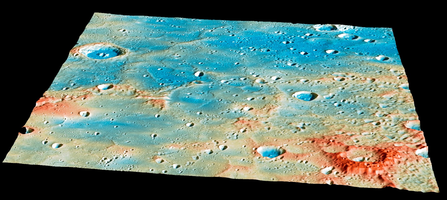 The first to orbit inner planet Mercury, the MESSENGER spacecraft came to rest on this region of Mercury's surface on April 30, 2015. Constructed from MESSENGER image and laser altimeter data, the projected scene looks north over the northeastern rim of the broad, lava filled Shakespeare basin. The large, 48 kilometer (30 mile) wide crater Janacek is near the upper left edge. Terrain height is color coded with red regions about 3 kilometers above blue ones. MESSENGER'S final orbit was predicted to end near the center, with the spacecraft impacting the surface at nearly 4 kilometers per second (over 8,700 miles per hour) and creating a new crater about 16 meters (52 feet) in diameter. The impact on the far side of Mercury was not observed by telescopes, but confirmed when no signal was detected from the spacecraft given time to emerge from behind the planet. Launched in 2004, the MErcury Surface, Space ENvironment, GEochemisty and Ranging spacecraft completed over 4,000 orbits after reaching the Solar System's innermost planet in 2011.