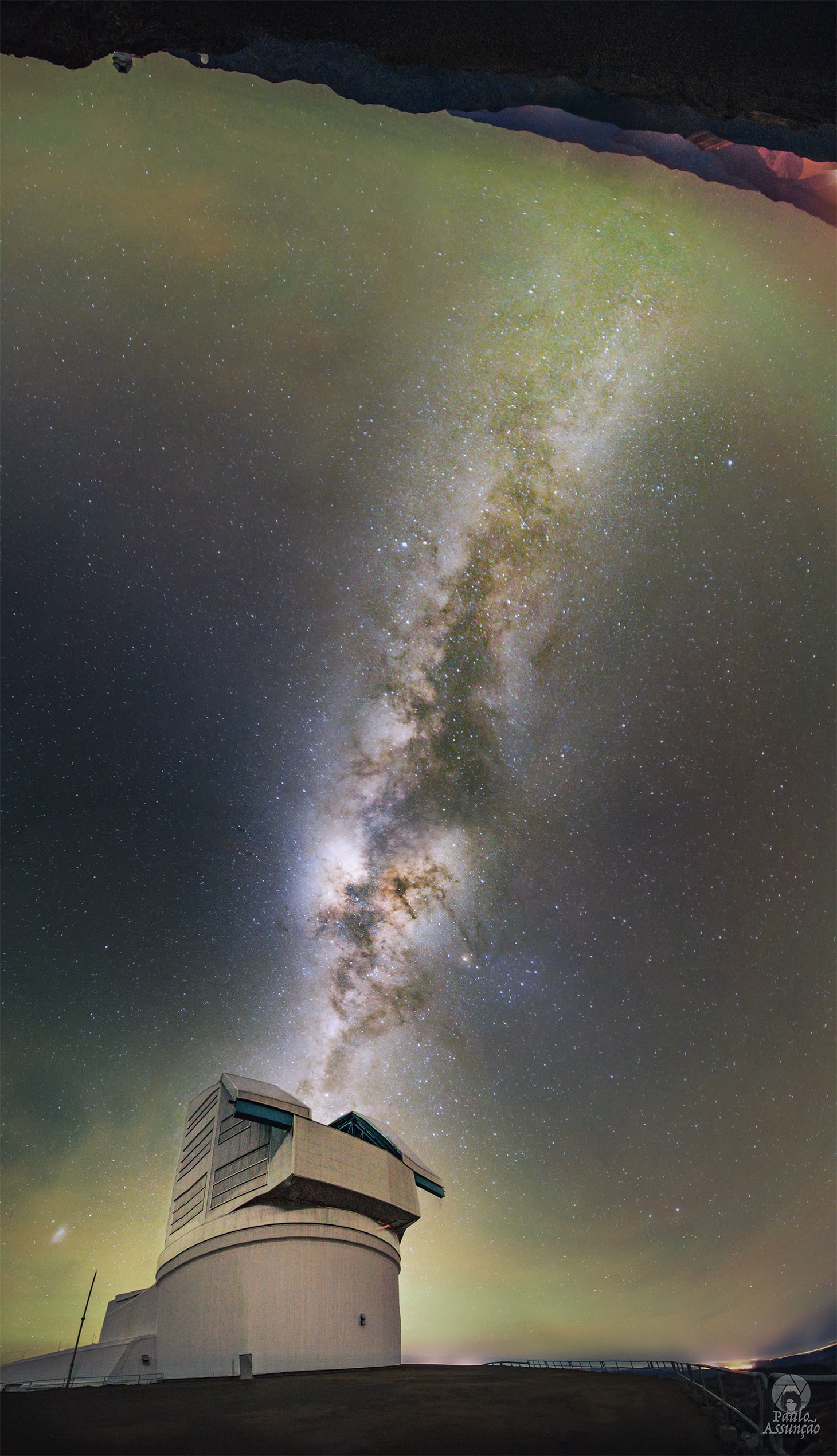 Is the sky the same every night? No -- the night sky changes every night in many ways. To better explore how the night sky changes, the USA's NSF and DOE commissioned the Vera C. Rubin Observatory in Cerro Pachón, Chile. In final testing before routine operations, Rubin will begin to explore these nightly changes -- slight differences that can tell us much about our amazing universe and its surprising zoo of objects. With a mirror over 8 meters across, Rubin will continually reimage the entire visible sky every few nights to discover new supernovas, potentially dangerous asteroids, faint comets, and variable stars -- as well as mapping out the visible universe's large-scale structure. Pictured, the distant central band of our Milky Way Galaxy appears to flow out from the newly operational observatory. Taken last month, the featured picture is a composite of 21 images across the night sky, capturing airglow on the horizon and the Small Magellanic Cloud galaxy on the lower left. APOD Turns 30!: Free Public Lecture in Anchorage on June 11