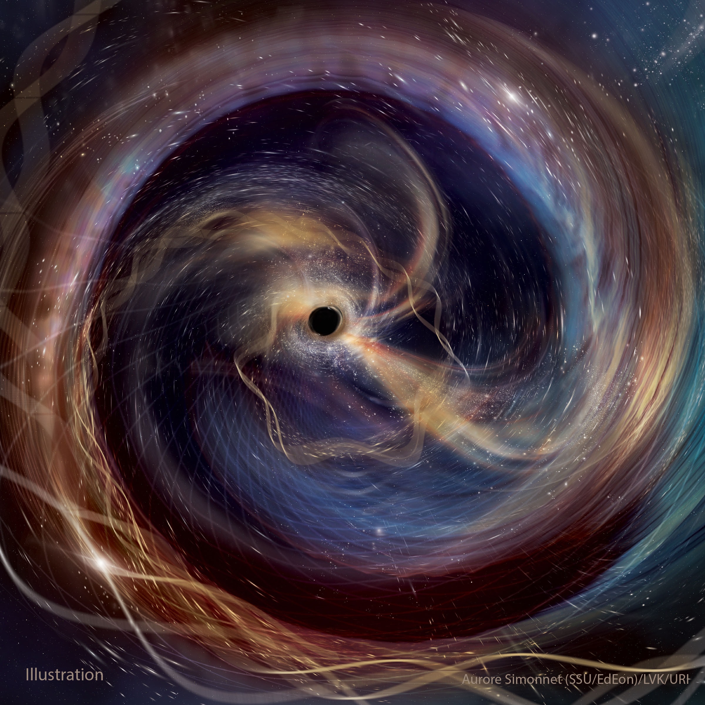 It was the strongest gravitational wave signal yet measured -- what did it show? GW250114 was detected by both arms of the Laser Interferometer Gravitational-wave Observatory (LIGO) in Washington and Louisiana USA earlier this year. Analysis showed that the event was created when two black holes, each of mass around 33 times the mass of the Sun, coalesced into one larger black hole with a mass of around 63 solar masses. Even though the event happened about a billion light years away, the signal was so strong that the spin of all black holes, as well as initial ringing of the final black hole, was deduced with exceptional accuracy. Furthermore, it was confirmed better than before, as previously predicted, that the total event horizon area of the combined black hole was greater than those of the merging black holes. Featured, an artist's illustration depicts an imaginative and conceptual view from near one of the black holes before collision.