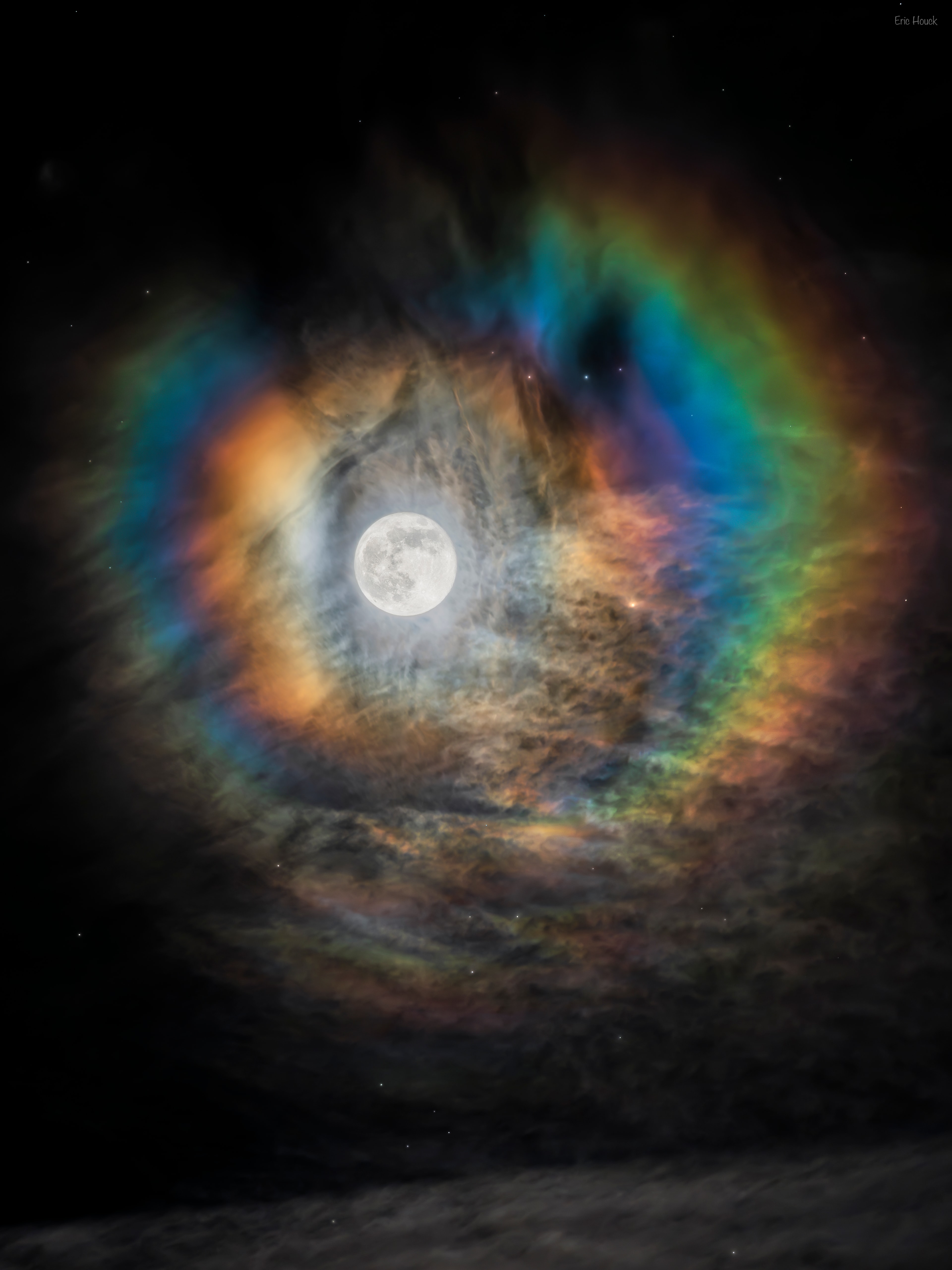 What are those colorful rings around the Moon? A corona. Rings like this will sometimes appear when the Moon is seen through thin clouds. The effect is created by the diffraction of light around individual, similarly-sized water droplets in an intervening but mostly transparent cloud. Since light of different colors has different wavelengths, each color diffracts differently. Lunar coronae are one of the few color diffraction effects that can be easily seen with the unaided eye. The featured image of a lunar corona was captured around last week's full Super Moon from near Knight's Ferry, California, USA. To the right of the full Moon is the giant orange star Botein. Similar coronae that form around the Sun are typically harder to see because of the Sun's great brightness.