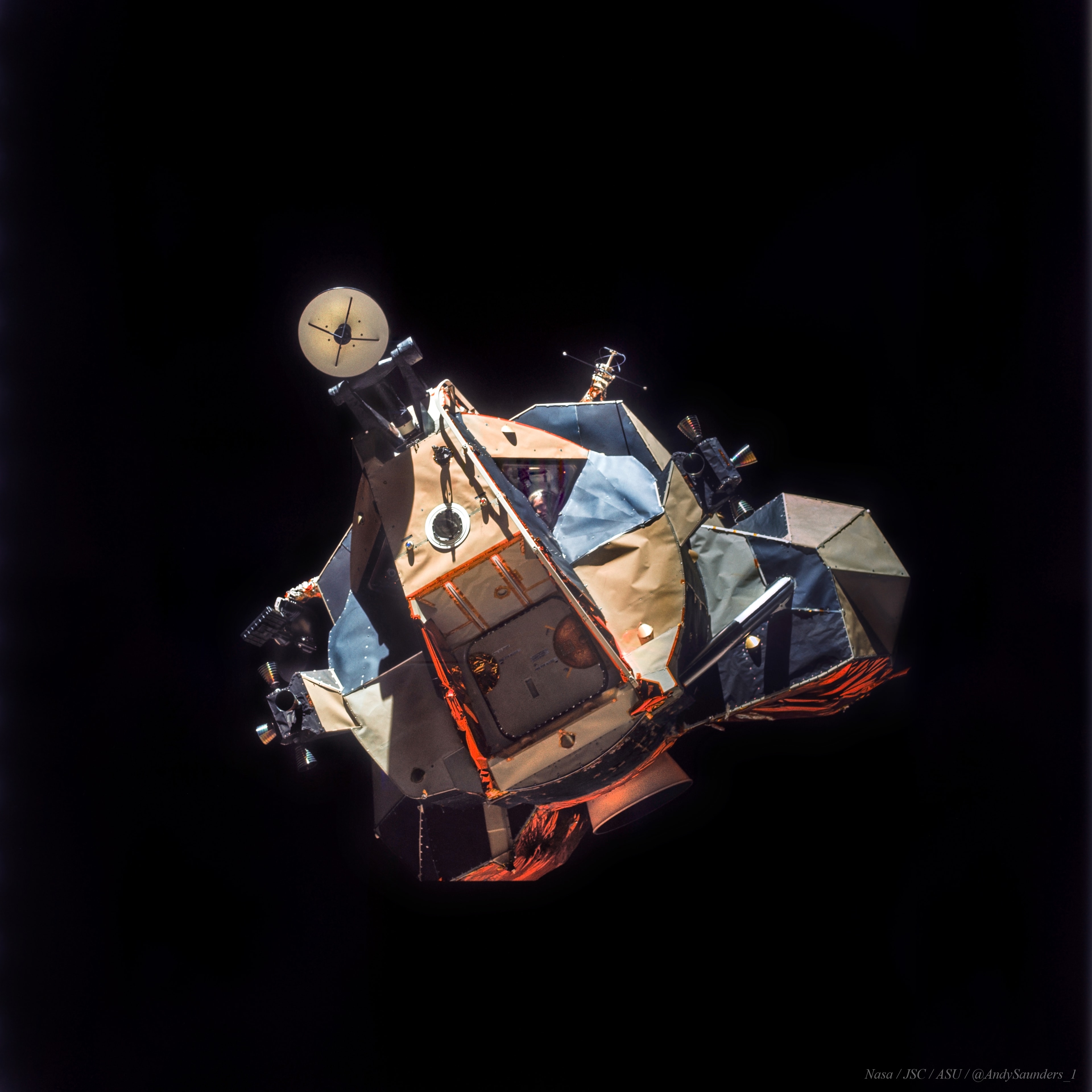 Awkward and angular looking, Apollo 17's lunar module Challenger was designed for flight in the near vacuum of space. Digitally enhanced and reprocessed, this picture taken from Apollo 17's command module America shows Challenger's ascent stage in lunar orbit. Small reaction control thrusters are at the sides of the moonship with the bell of the ascent rocket engine underneath. The hatch that allowed access to the lunar surface is seen at the front, with a round radar antenna at the top. Mission commander Gene Cernan is clearly visible through the triangular window. This spaceship performed gracefully, landing on the Moon and returning the Apollo astronauts to the orbiting command module in December of 1972. So where is Challenger now? While its descent stage remains at the Apollo 17 landing site in the Taurus-Littrow valley, the ascent stage pictured was intentionally crashed nearby after being jettisoned from the command module prior to the astronauts' return to planet Earth.