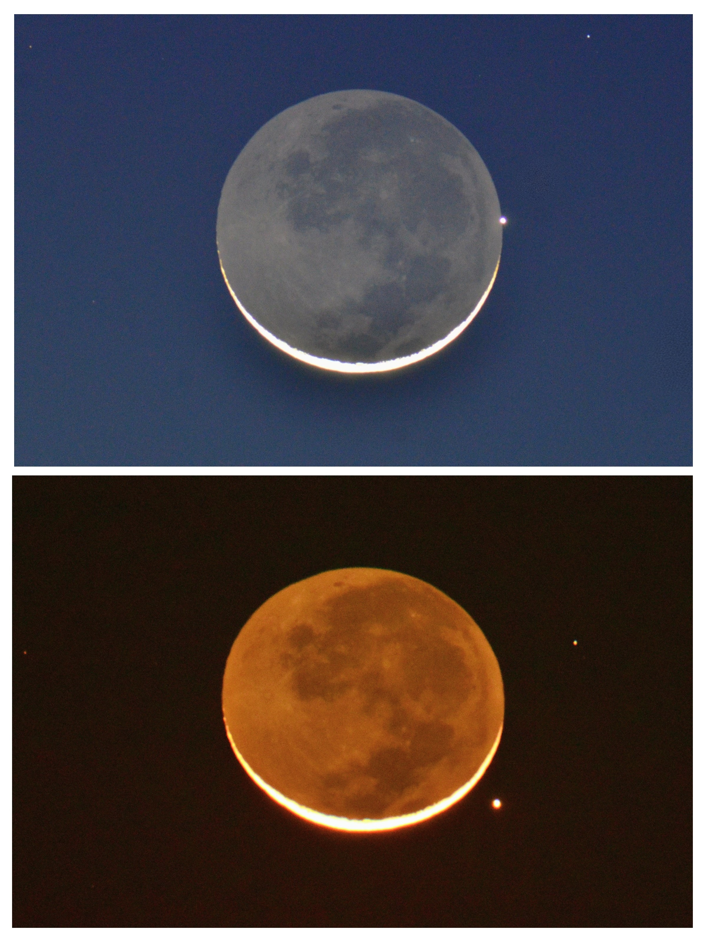 Fans of the western sky after sunset have lately enjoyed this month's remarkable array of bright planets. Witnessed from some locations, on February 18 planet Mercury even appeared to slide behind the Moon, an event known as a lunar occultation. These two snapshots, taken in early evening skies show before and after telescopic views of the rare disappearance of innermost planet behind young Moon. The top panel finds bright Mercury just visible at the northern (right) edge of the earthshine-illuminated lunar disk. In the bottom panel the bright planet has emerged in darker skies beyond the Moon's sunlit crescent. As seen south of Sallisaw, Oklahoma, planet Earth, this lunar occultation of Mercury lasted only about 3 minutes (video). But you can still check out a parade of planets tonight. March 3: Total Lunar Eclipse