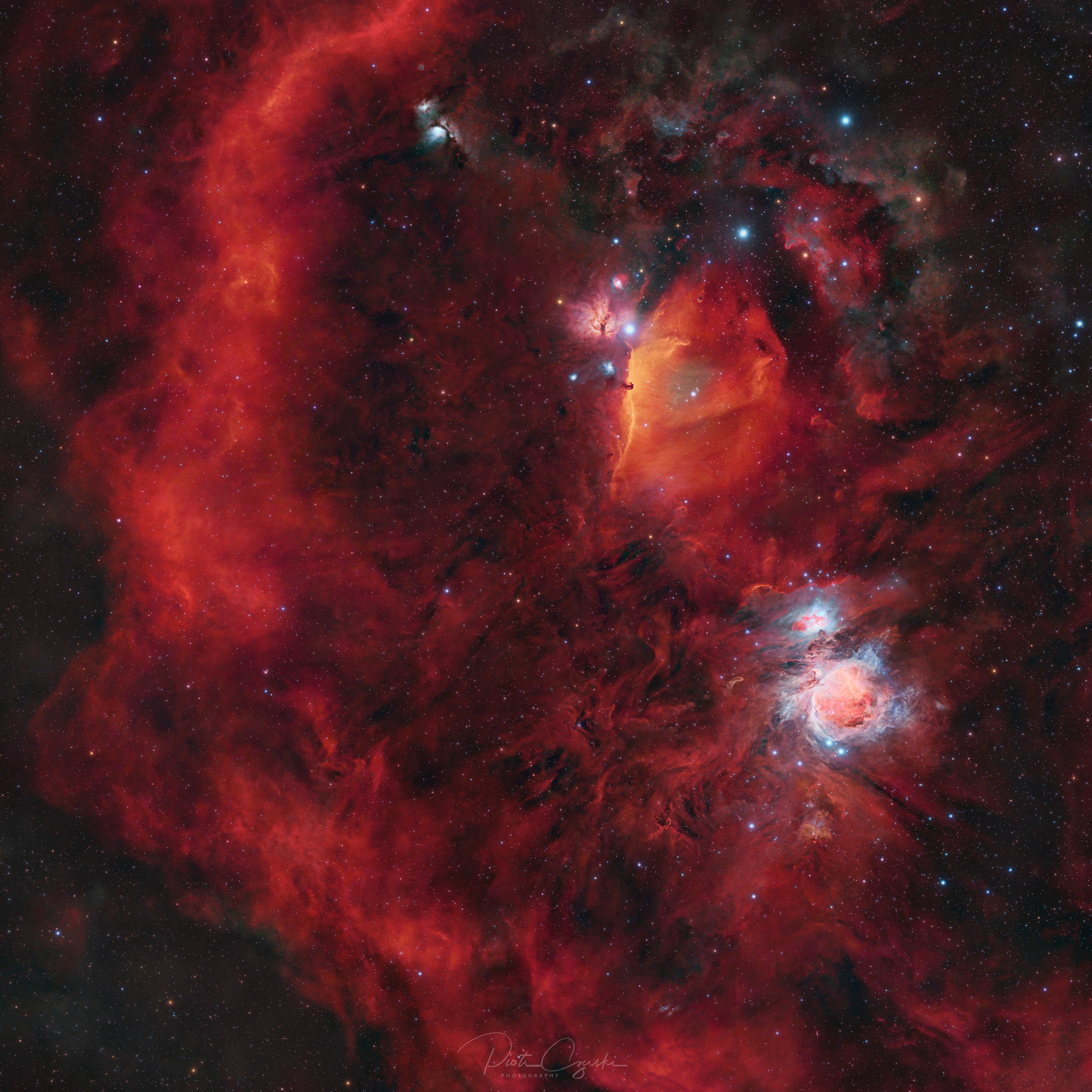 Cradled in red-glowing hydrogen gas, stars are being born in Orion. These stellar nurseries lie at the edge of the giant Orion molecular cloud complex, some 1,500 light-years away. This detailed view spans about 12 degrees across the center of the well-known constellation, with the Great Orion Nebula, the closest large star-forming region, visible toward the lower right. The deep mosaic also includes, near the top center, the Flame Nebula and the Horsehead Nebula. Image data acquired with a hydrogen-alpha filter adds other remarkable features to this wide-angle cosmic vista: pervasive tendrils of energized atomic hydrogen gas and portions of the surrounding Barnard's Loop. While the Orion Nebula and many stars in Orion are easy to see with the unaided eye, emission from the extensive interstellar gas is faint and much harder to record, even in telescopic views of the nebula-rich complex. Sky Surprise: What picture did APOD feature on your birthday? (after 1995)