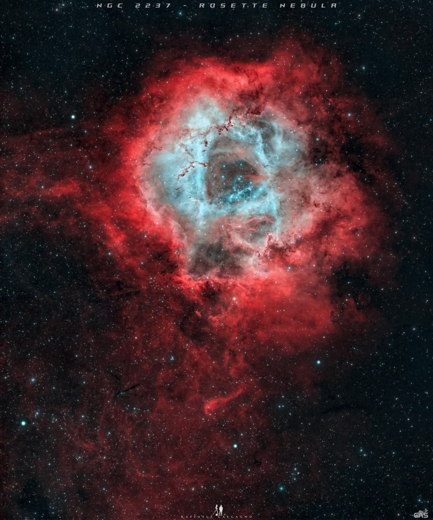 Roses are red, nebulas are too, and this Valentine's gift is a stunning view! Pictured is a loving look at the Rosette Nebula (NGC 2237): a cosmic bloom of bright young stars sitting atop a stem of glowing hot gas. The rose’s blue-white speckles are among the most luminous stars in the galaxy, with some burning millions of times brighter than the Sun. Their stellar winds sculpt the famed rose shape by pushing gas and dust away from the center. Though only a few million years old, these massive stars are already nearing the end of their lives, while dimmer stars embedded in the nebula will burn for billions of years to come. The vibrant red hue comes from hydrogen gas, ionized by the ultraviolet light from the young stars. The rose’s blue-white center is color-mapped to indicate the presence of similarly ionized oxygen. The Rosette Nebula reminds us of the beauty and transformation woven into the fabric of the universe.