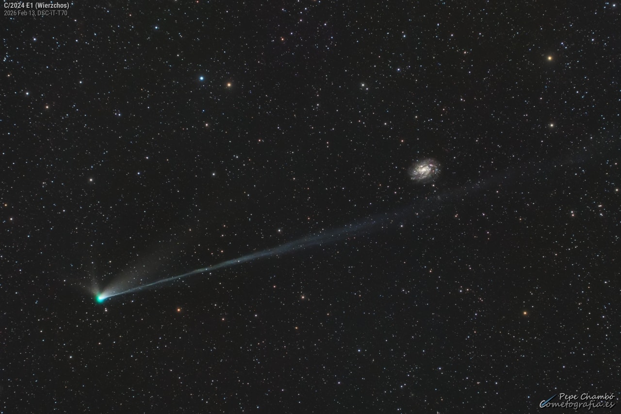 Some comets are regular guests of our solar neighborhood; others come by only once, never to return. We won’t have another chance to see Comet C/2024 E1 (Wierzchoś), which is currently making its way through the inner Solar System. The hyperbolic orbit of this comet indicates that it will likely become an interstellar traveler. Comet Wierzchoś is today near its closest approach to the Earth, passing roughly the same distance from the Earth as is the Sun. The featured 30-minute exposure was taken last week in Chile and shows a 5-degree long ion tail as well as three shorter dust tails. The green hue of the coma comes from the breakdown of dicarbon molecules by sunlight, but that process does not last long enough to also tinge the tails. On the far right lies a spiral galaxy far in the distance: NGC 300.