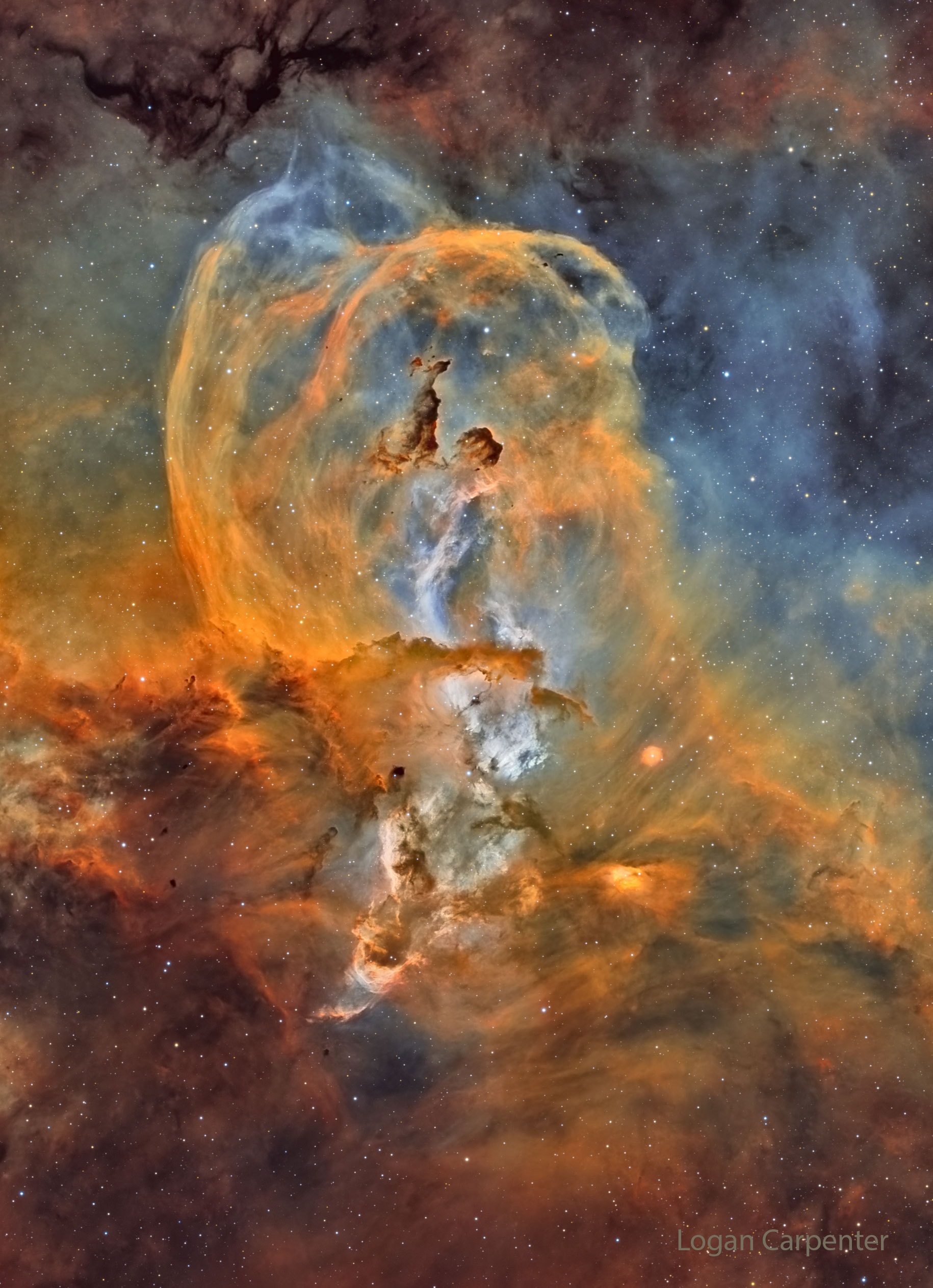 What's happening in the Statue of Liberty nebula? Bright stars and interesting molecules are forming and being liberated. The complex nebula resides in the star forming region called RCW 57, and besides the iconic monument, to some looks like a flying superhero or a weeping angel. This re-assigned color image showcases dense knots of dark interstellar dust, fields of glowing hydrogen gas ionized by these stars, and great loops of gas expelled by dying stars. A detailed study of NGC 3576, also known as NGC 3582 and NGC 3584, uncovered at least 33 massive stars in the end stages of formation, and the clear presence of the complex carbon molecules known as polycyclic aromatic hydrocarbons (PAHs). PAHs are thought to be created in the cooling gas of star forming regions, and their development in the Sun's formation nebula five billion years ago may have been an important step in the development of life on Earth. Jigsaw Star Statue: Astronomy Puzzle of the Day