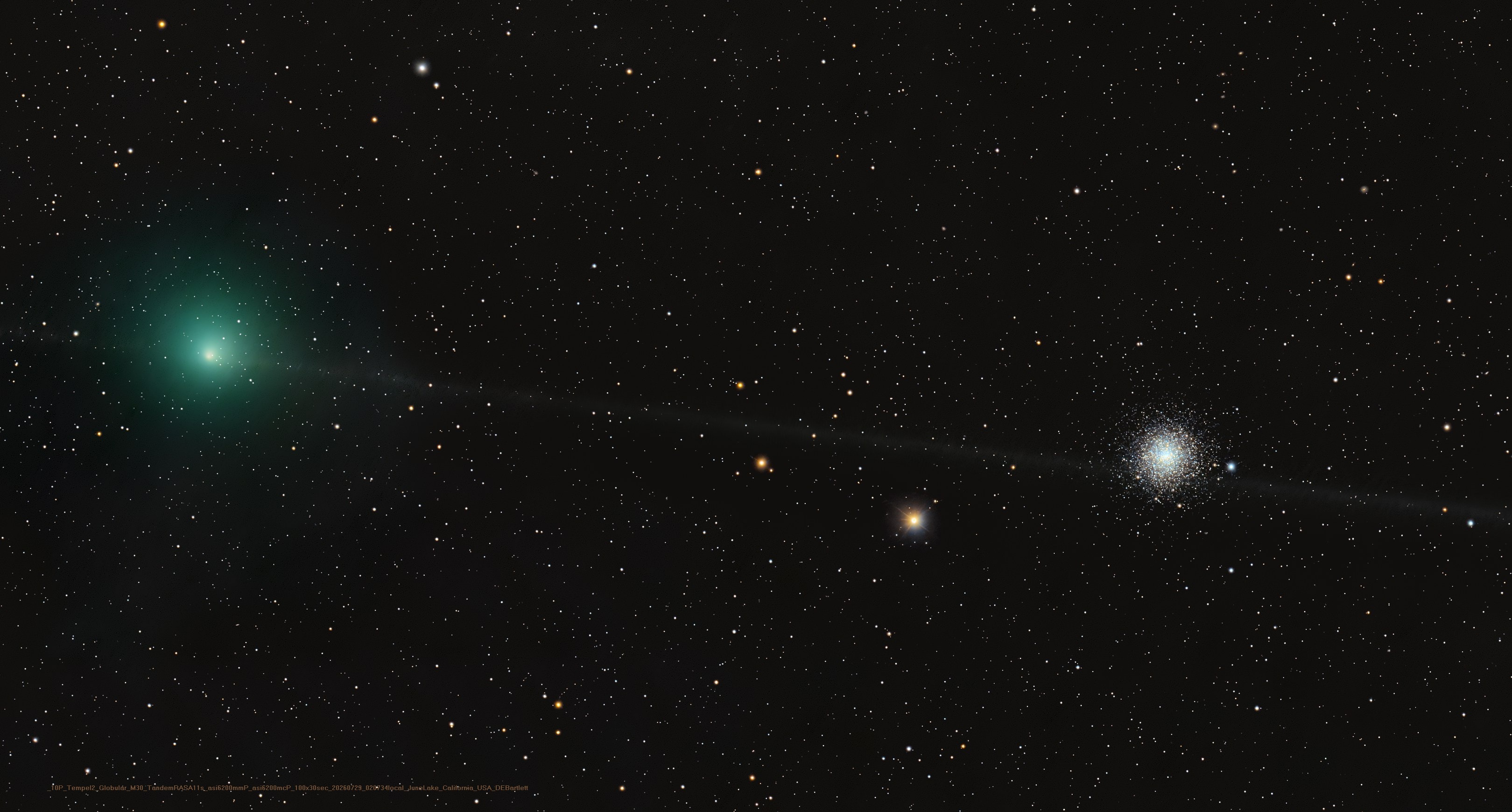 Which of these is not a comet? You guessed it - the one on the right is a globular star cluster. The diffuse greenish coma of periodic comet 10P/Tempel 2 is at left in the frame. In fact the globular star cluster is Messier 30, also known as M30, or the 30th entry in astronomer Charles Messier's catalog of things which are not comets. The well-known 18th century astronomer kept a list of objects he observed, now his famous Messier Catalogue of Nebulae and Star Clusters, which did not move from night to night against the background stars and so were not the comets he was hunting for. So the famous comet hunter would get the correct answer too, even though his telescope would show both 10P/Tempel 2 and distant star cluster as similar looking faint and fuzzy objects in his field of view. Recorded on July 29, this modern telescopic image captures periodic comet Tempel 2 as it briefly swept close on the sky to M30. While the periodic comet's faint, narrow, orbital dust trail seems to pierce the globular star cluster, Tempel 2 was a mere 3.5 light-minutes away. Messier 30 is some 28,000 light-years distant.