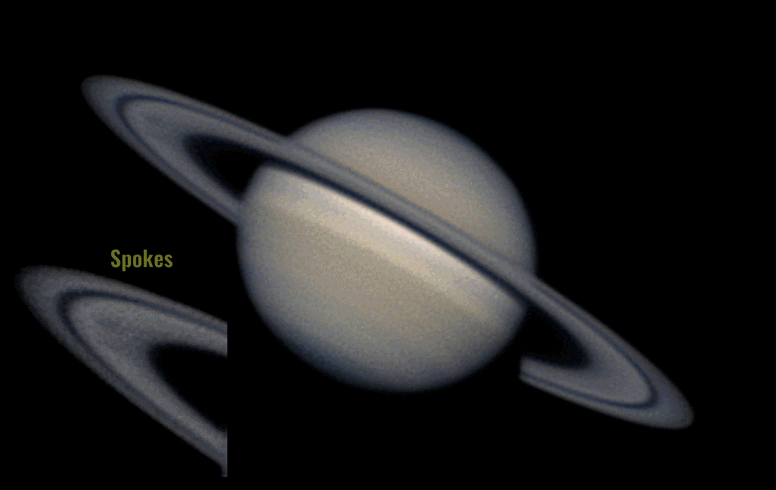 Don’t get spooked by Saturn’s ghostly spokes! Today we feature a nearly two-hour timelapse of Saturn and its rings looping forwards and backwards. A day on Saturn is only 10 hours long, so two hours of observation covers quite a bit of its rotation. If you look closely, a ghoulish shadow appears and disappears as Saturn’s B ring rotates. Decades of observation with Voyager 2, Cassini, and Hubble show the appearance of Saturn’s spokes varies with the planet’s seasons. Like Earth, Saturn’s spin axis is tilted compared to the plane of its orbit around the Sun. During Saturn’s equinox, the rings are less tilted away from the Sun and the planet receives more evenly distributed sunlight and solar wind. Although their origin is still uncertain, Saturn’s spokes may be shadows of and reflections off of dust and ice levitating above the rings caused by electromagnetic interactions between the solar wind and the planet’s magnetic field. Find dark skies and look up this August to witness the Perseid meteor shower uninhibited by the Moon!