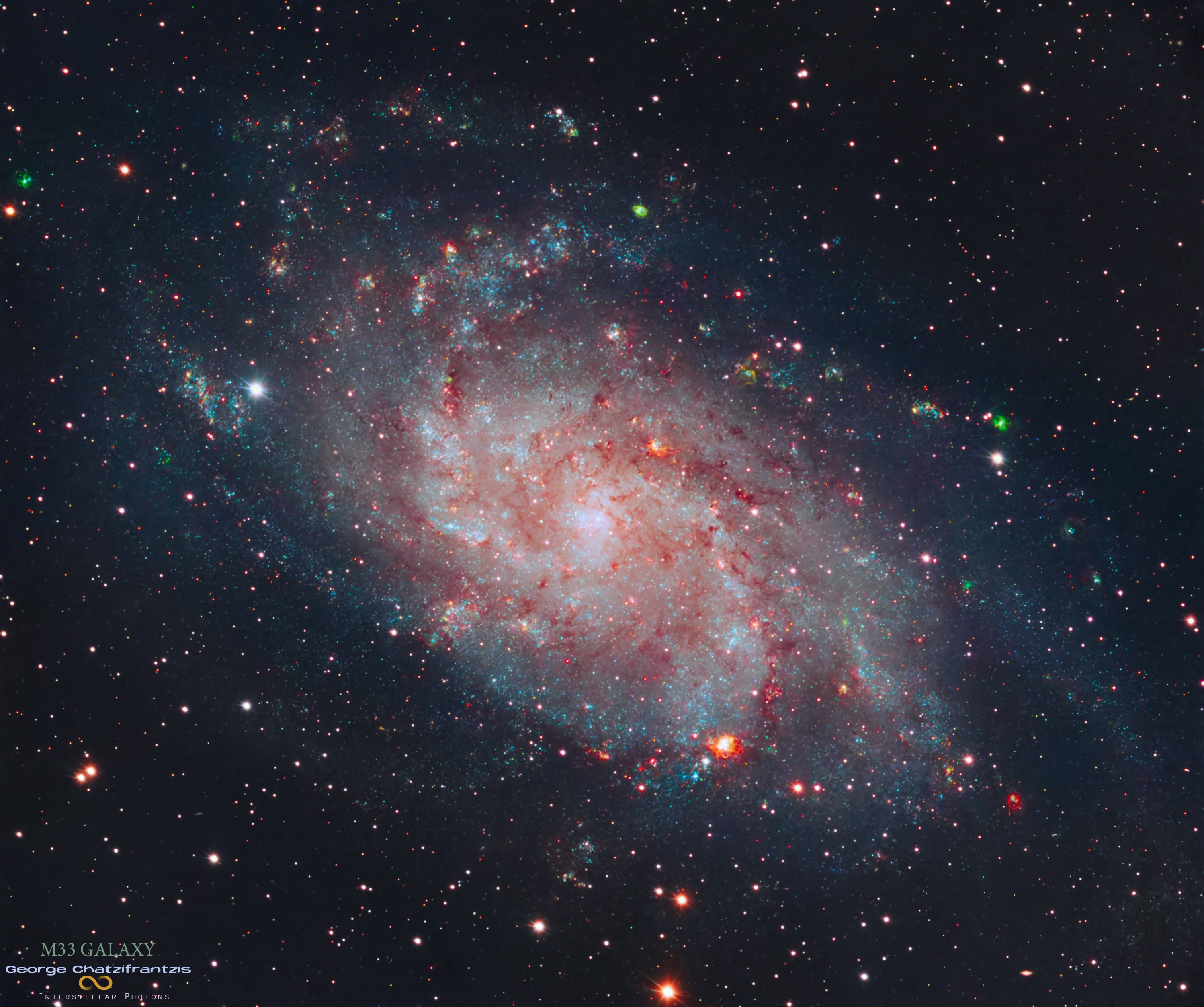 The small, northern constellation Triangulum harbors this magnificent face-on spiral galaxy, Messier 33. Its popular names include the Pinwheel Galaxy or just the Triangulum Galaxy. M33 is over 50,000 light-years in diameter, third largest in the Local Group of galaxies after the Andromeda Galaxy (M31), and our own Milky Way. About 3 million light-years from the Milky Way, M33 is itself thought to be a satellite of the Andromeda Galaxy and astronomers in these two galaxies would likely have spectacular views of each other's grand spiral star systems. As for the view from the Milky Way, this sharp telescopic image shows off M33's blue star clusters and pinkish star forming regions along the galaxy's loosely wound spiral arms. In fact, the cavernous NGC 604 is the brightest star forming region, seen here at about the 5 o'clock position from the galaxy center. Like M31, M33's population of well-measured variable stars have helped make this nearby spiral a cosmic yardstick for establishing the distance scale of the Universe. APOD's main NASA site is moving: From apod.nasa.gov to science.nasa.gov/apod